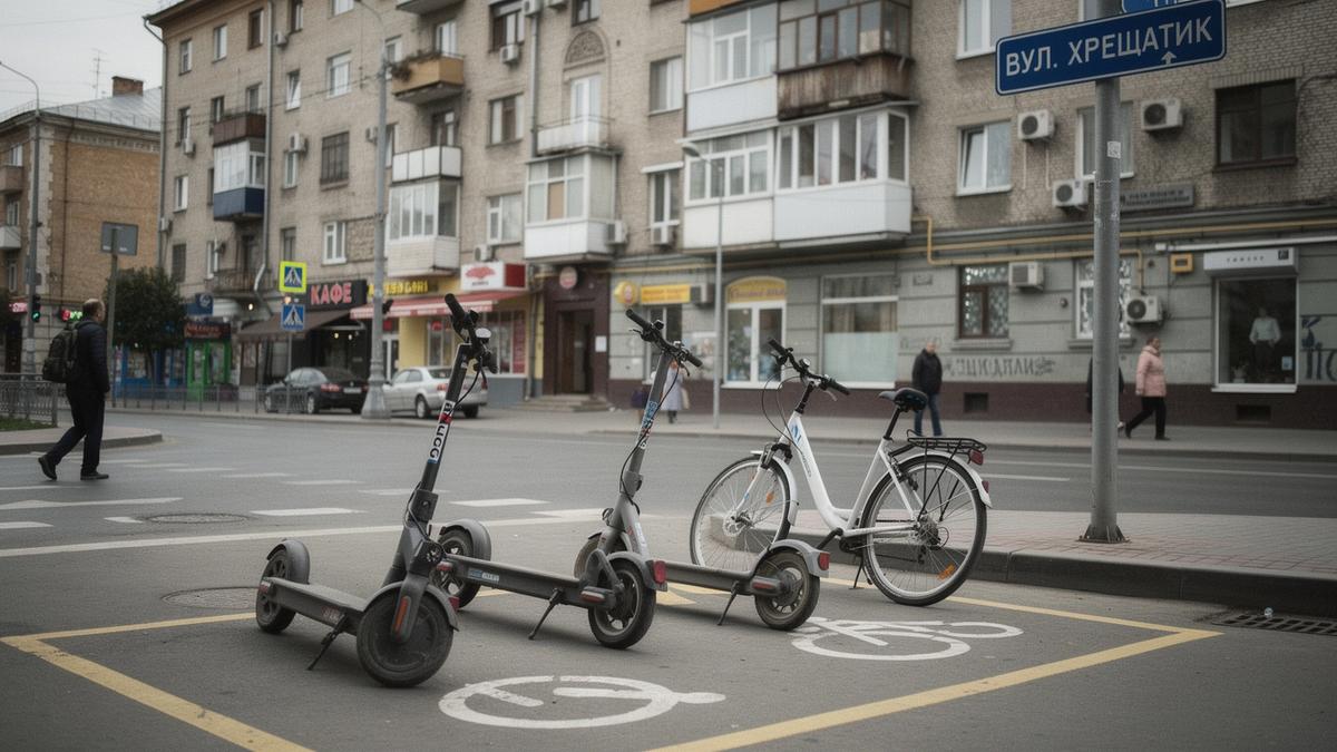 E-scooters and e-bikes parked in a marked return bay beside a Kyiv street sign on Khreshchatyk