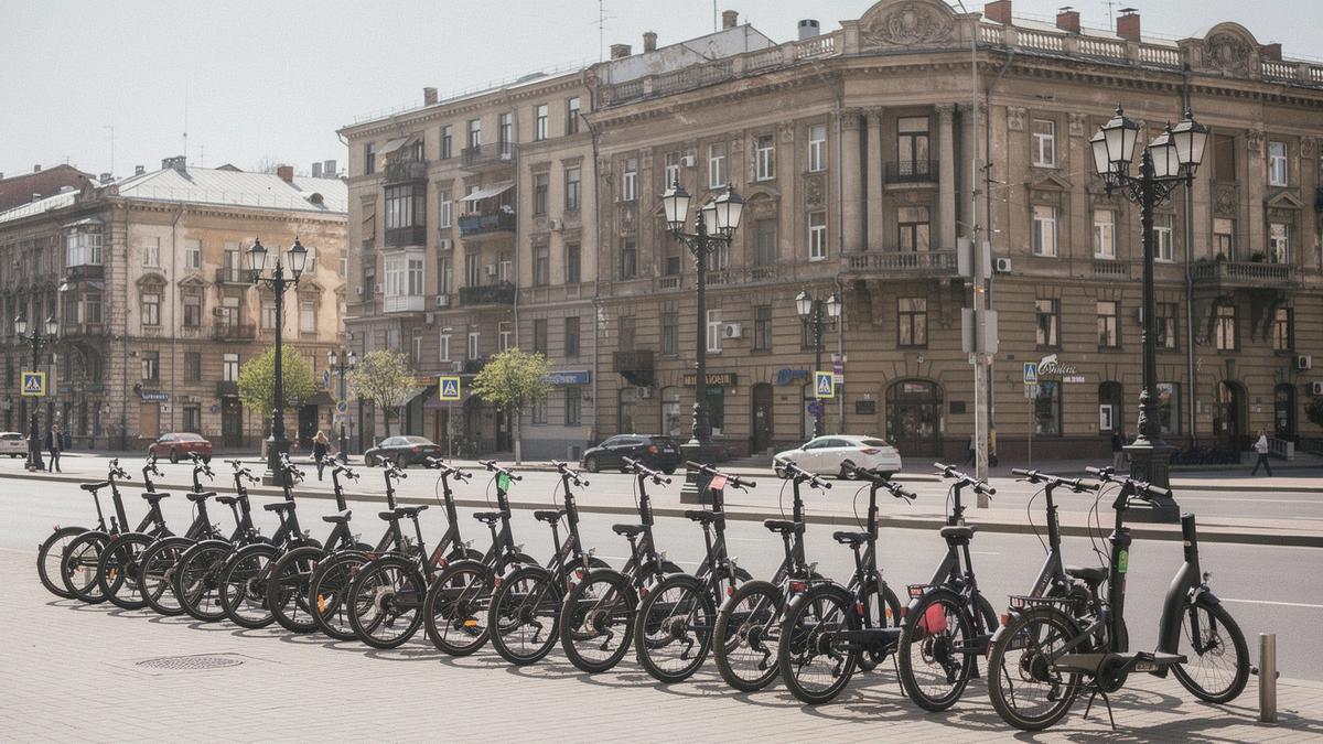 E-scooters and e-bikes parked along a central Kyiv street near Maidan Nezalezhnosti