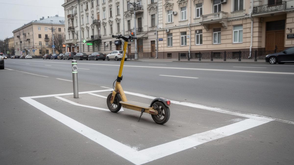 Painted e-scooter return bay with a numbered marker on a central Kyiv street